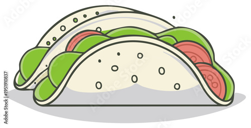 Vibrant illustration of a folded taco overflowing with fresh lettuce and sliced tomatoes.