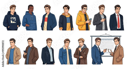 Male Young Avatars and Portraits in Casual and Business Attire Showing Diverse Styles and Expressions
