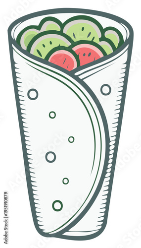 Cartoon style wrap sandwich illustration with vegetables, healthy fast food meal, drawing of burrito or shawarma