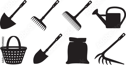 A diverse collection of essential gardening tools and equipment presented as clear black silhouettes on a white background
