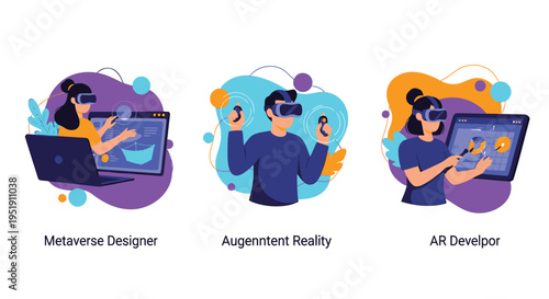 Set of 3 virtual reality icons vector