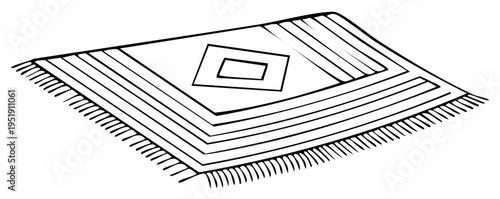 Hand drawn doodle of a rug with a geometric pattern and fringe line art illustration