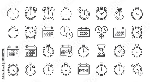 Conceptual time management elements showcase a variety of clocks calendars and hourglass representations for planning and scheduling conveying a sense of deadlines and organization for tasks and