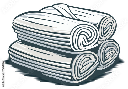 Stack of rolled white towels with shading isolated on a white background