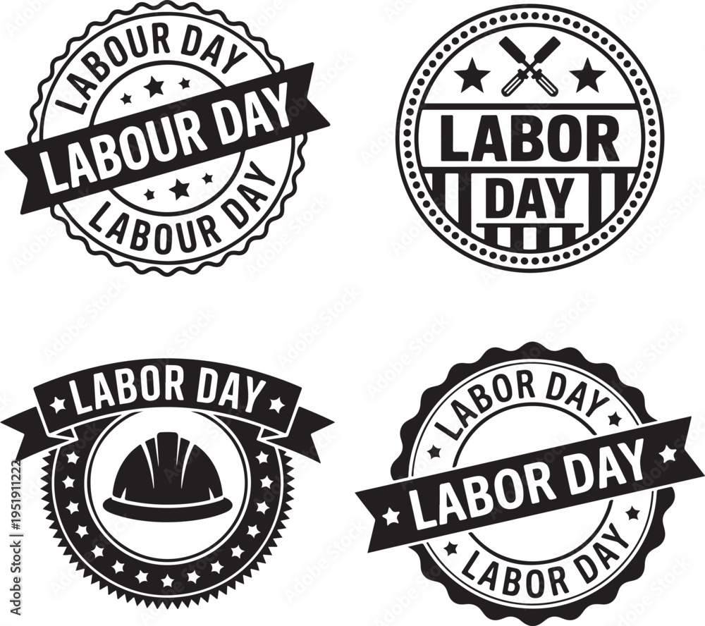 Fototapeta premium Four black and white circular badges commemorate Labor Day with tool and hard hat icons