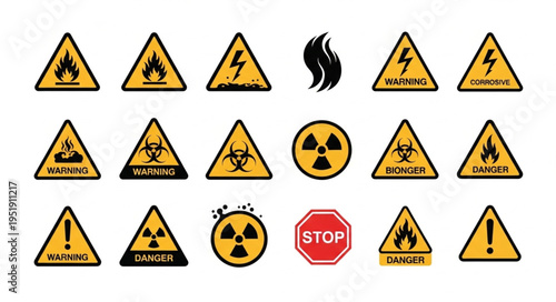 Collection of Warning Signs - Fire, Electricity, Biohazard, Radiation, and General Caution.