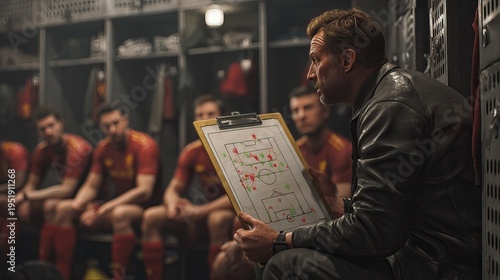 Soccer manager in a locker room holding a tablet for team strategy. AI generated image