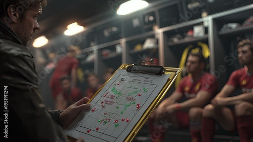 Soccer manager in a locker room holding a tablet for team strategy. AI generated image