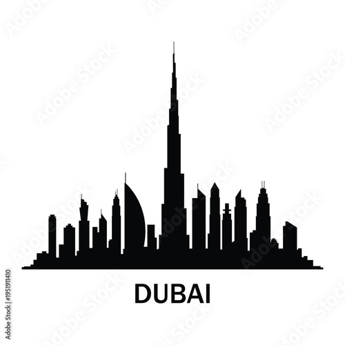 Dubai Skyline Silhouette with Burj Khalifa and Burj Al Arab Modern Cityscape Illustration