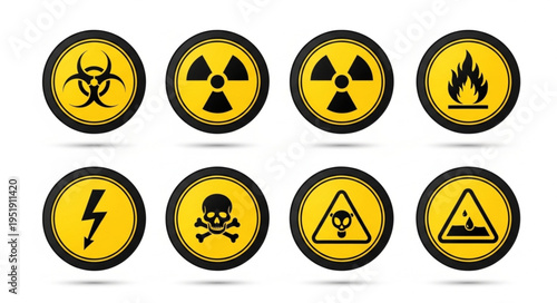 Warning Signs - Biohazard, Radiation, Flammable, Electrical, Toxic, and Hazard Symbols.