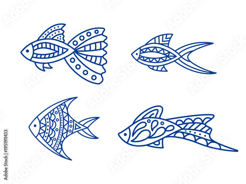 Vector linear doodle fishes collection isolated on white. Set of decorative aquarium fish for coloring page