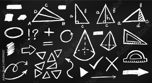 Vector chalk hand drawn geometric collection on black background. Chalkboard with white doodle elements