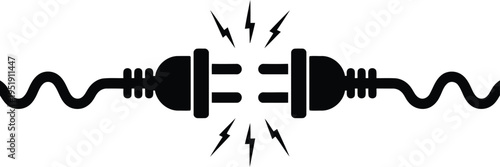 Two black electric power plugs connecting together with lightning bolt spark symbols