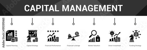 Capital Management  Modern and clean web banner illustration vector featuring thematic icons