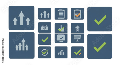 Collection of Business and Success Icons on Dark Blue Squares.