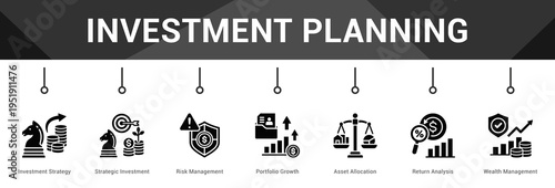 Investment Planning  Modern and clean web banner illustration vector featuring thematic icons