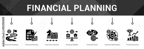 Financial Planning  Modern and clean web banner illustration vector featuring thematic icons