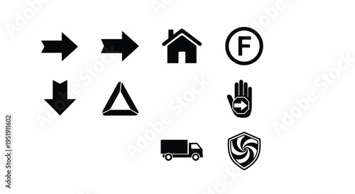 Conceptual Black Pictograms Representing Navigation Direction Residence Finance and Transportation Demonstrating a Diverse Set of Business and General Purpose Visual Communication Elements