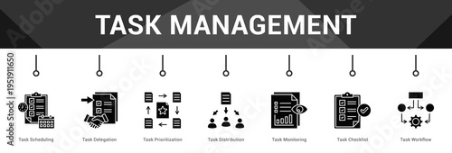 Task Management  Modern and clean web banner illustration vector featuring thematic icons