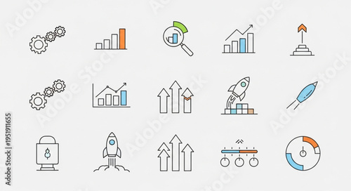 Hand-drawn icons representing business growth, analytics, and strategic development.
