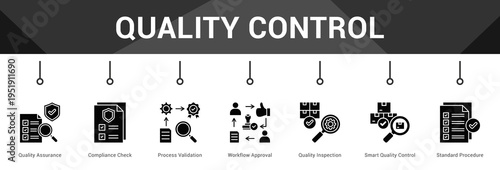Quality Control  Modern and clean web banner illustration vector featuring thematic icons