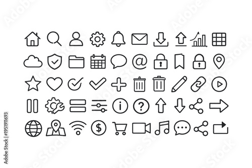 Comprehensive collection of minimalistic line icons for user interface design