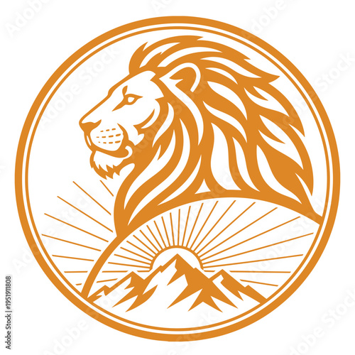 Golden lion emblem with mountainous sunrise background