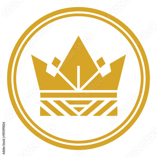 Golden crown logo with double circle and geometric patterns