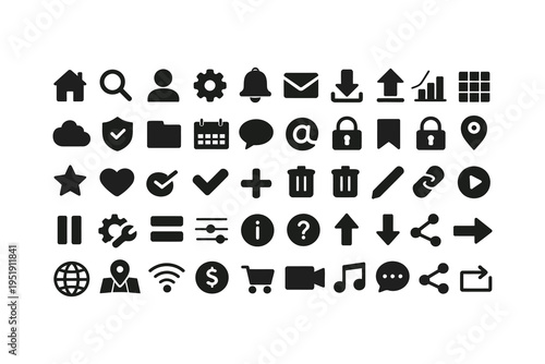 Collection of black and white icons depicting common user interface symbols