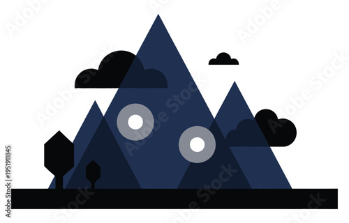 A stylized illustration of a mountain range with clouds and trees in a minimalist graphic design