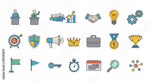 Business Strategy and Success Icons - Leadership, Teamwork, and Achievement.