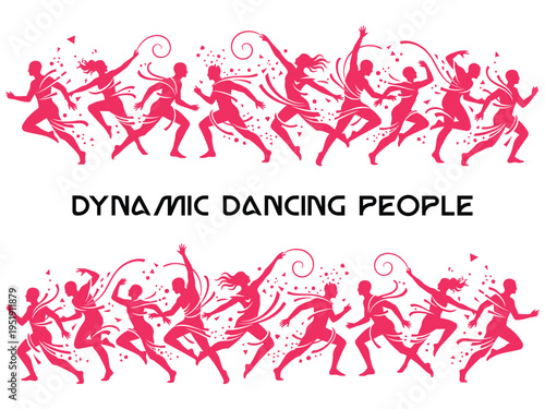 Dynamic illustration of multiple dancing people in various poses with swirling patterns