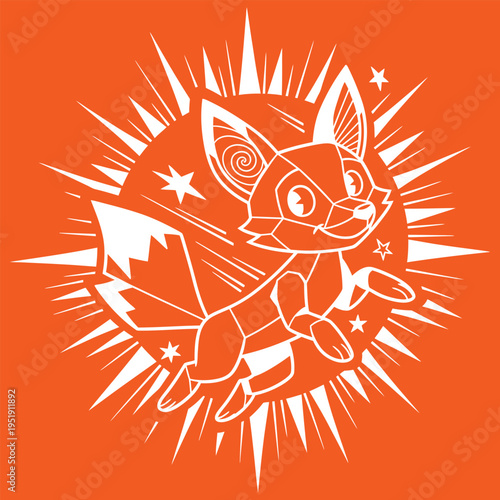 Vibrant orange illustration of a stylized fox character surrounded by dynamic white lines and stars on a solid background