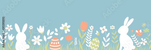 Easter hand drawn border. Easter horizontal pattern with bunnies, flowers, easter eggs, beautiful background. Happy Easter banner, horizontal poster, greeting card. Trendy Easter design. Modern art
