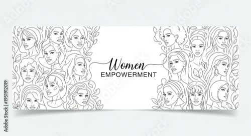 Women Empowerment Banner with Diverse Faces and Bold Typography.