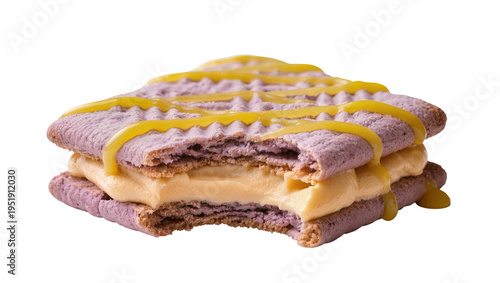 Fotografi Delicious bitten sandwich cookie with vibrant purple biscuits and creamy orange