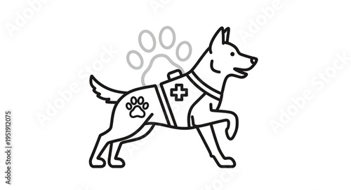 Line art illustration of a service dog with medical vest.