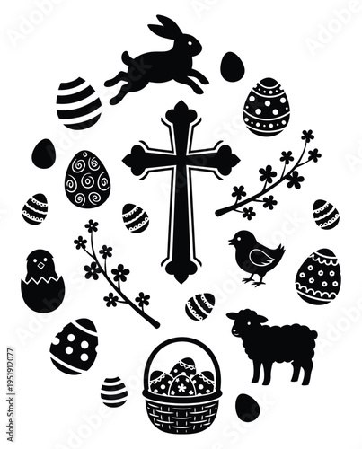 Easter symbols and decorations in black and white silhouette