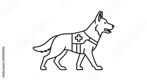 Line Art Illustration of a Medical Assistance Dog with Vest.