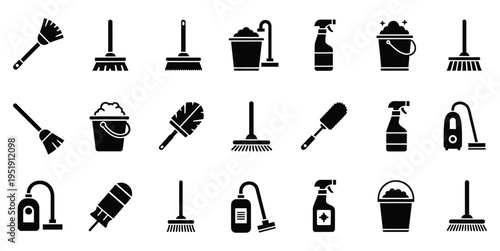 Collection of cleaning supplies and tools icons in black and white
