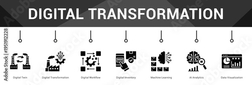 Digital Transformation  Modern and clean web banner illustration vector featuring thematic icons