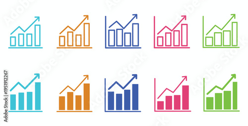 A collection of colorful graph and chart icons in various styles and colors for data visualization and business presentations