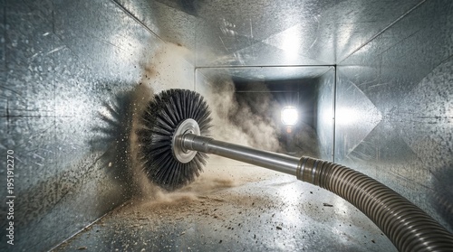 Professional hvac air duct cleaning service using rotating brush tool to remove dust and debris inside metal ventilation system for improved indoor air quality and efficient residential heating