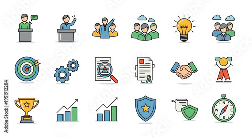 Business Strategy and Success Icons - Teamwork, Goals, and Growth.