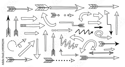 A collection of various arrow symbols and icons in different styles and directions for design and navigation purposes