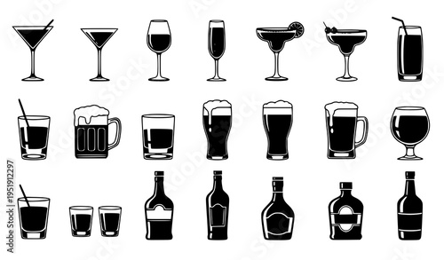 Alcohol cocktail glasses silhouette set with wine beer shot glasses and bar bottles vector