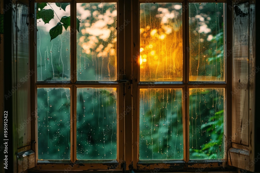 Fototapeta premium Rain drops sliding on a window during golden hour, with the sun reflecting on the glass and illuminating the drops