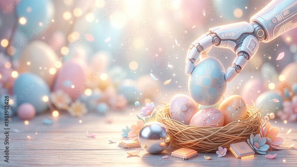Naklejka premium Robotic hand gently lifting colorful easter egg from nest. Futuristic technology blending with traditional spring holiday symbols. Innovative digital celebration of easter and cyber traditions