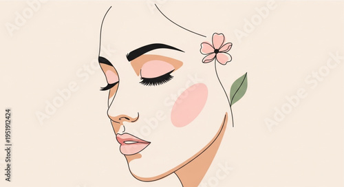Elegant Womans Face with Flower Illustration in Soft Pastel Colors.