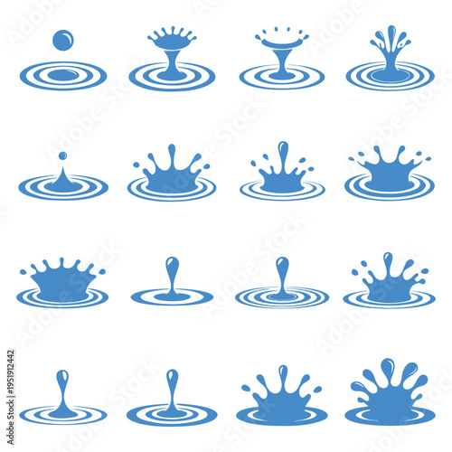 Set of blue water splash icons, representing liquid drops and ripples